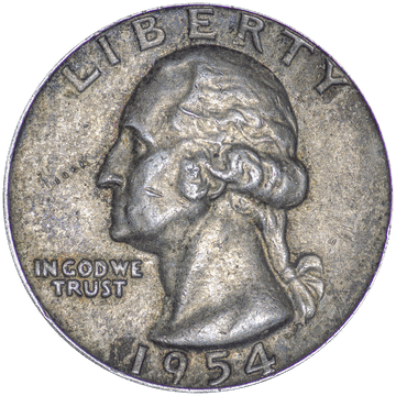 George Washington in profile on a 1954 silver quarter