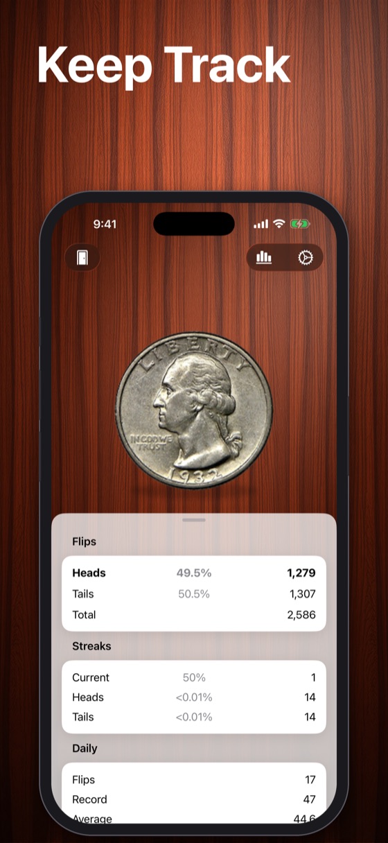 Statistics: flips, streaks, and daily counts