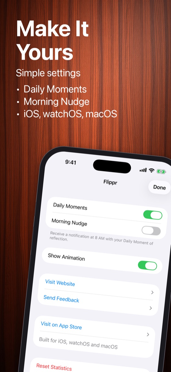 Settings: daily moments, morning nudge, animations